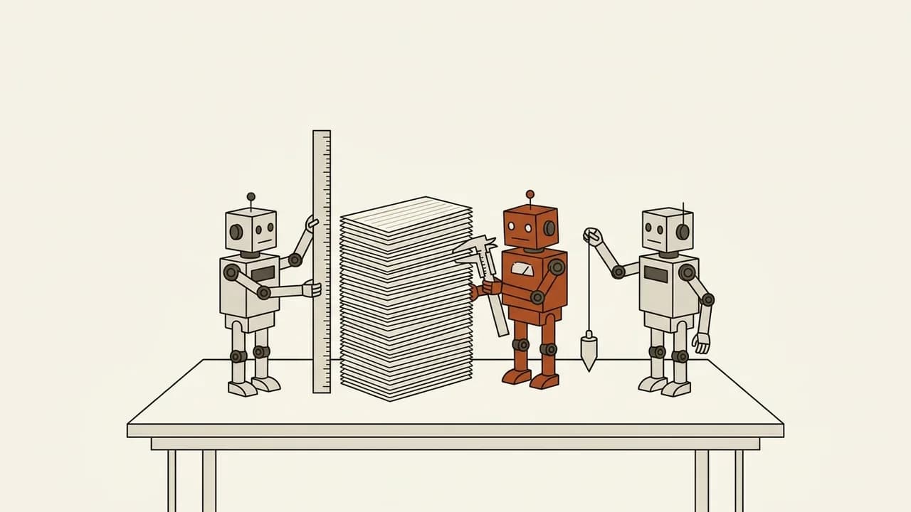 An ink drawing of three small robots on a table measuring one stack of index cards: one holds a ruler against it, a clay-coloured robot closes calipers on it, and the third lowers a plumb line beside it.