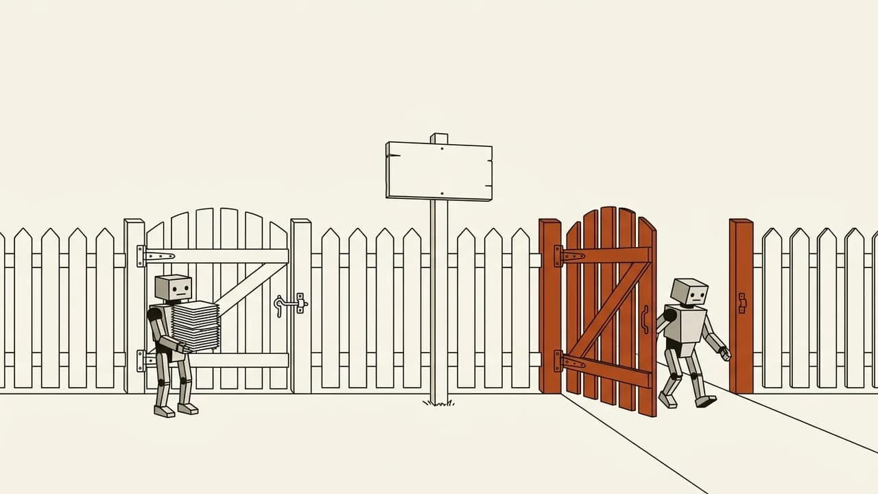An ink drawing of a picket fence with two gates: a small robot carrying a stack of papers waits at the latched one, while a second robot steps through the other, swung open.